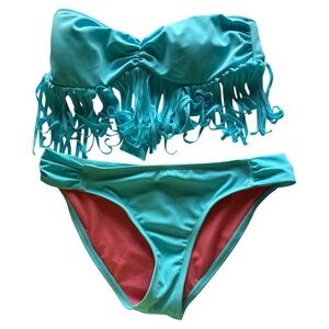 Guess Turquoise Blue Fringe Bikini Set Strapless Medium‎ NWT